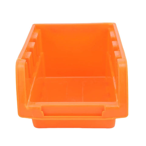 Front view of orange bin from Wall Mounted Hardware Storage Bins Set With 8 Stackable Bins And 3 Tracks For Garage Organization