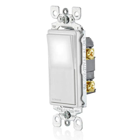 Decora LED Illuminated 15 Amp Single-Pole Wall Switch, No Neutral Required, White, side view highlighting terminals.