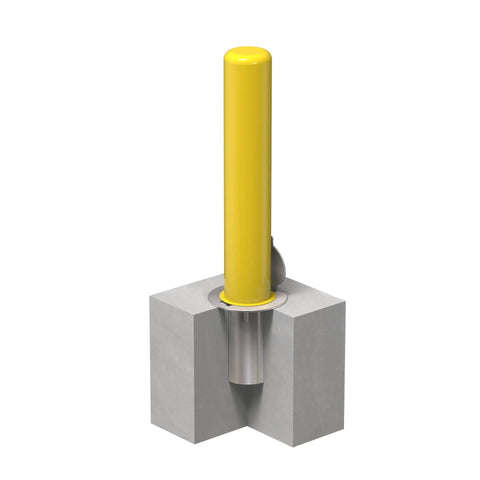 4X36 Inch Badass Removable Bollard With Embedment Sleeve Powder Coated Yellow Carbon Steel in concrete anchor.