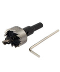 24mm Hole Saw Cutter Kit With HSS Twist Drill Bit, 68mm Overall Length, 13mm Cutting Depth, and hex wrench on white background