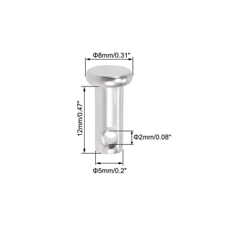 Single Hole Clevis Pins 5Mm X 12Mm Flat Head 304 Stainless Steel Link Hinge Pin 20 Pieces For Strong Quick Connects Durable Silver Tone Fasteners For U Shackle Machinery And DIY Projects, showing dimensions.