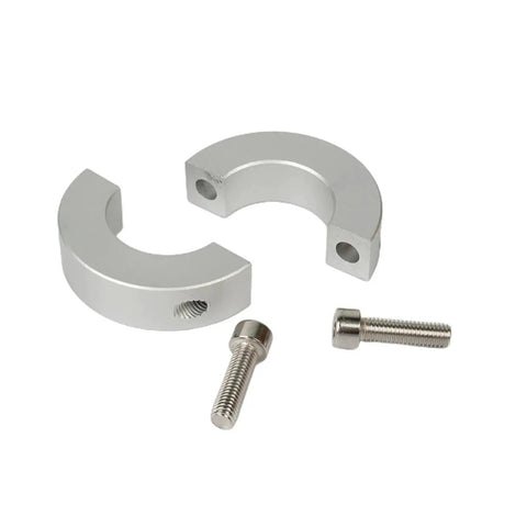 Premium Aluminum Double Split Shaft Collar Clamp With Anodized Surface And Solid Grip On Shafts Plus Easy Positioning Low Axial Load Built Tough For Hefty Loads In The Shop Where You Need Hardware That Holds Firm Under Pressure No Budget Pain. Aluminum split shaft collar clamp with screws, shown with two halves