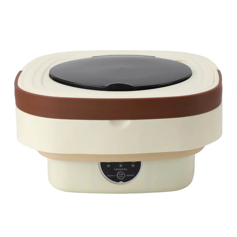Ultra Compact Portable Washing Machine 8.5 Liter Foldable Mini Laundry Tub with black lid and khaki body, ideal for baby clothes.