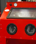 Front view of a red glass bead blasting cabinet for Glass Bead Blasting Media Number 6 50 To 70 Mesh Premium Medium Abrasive