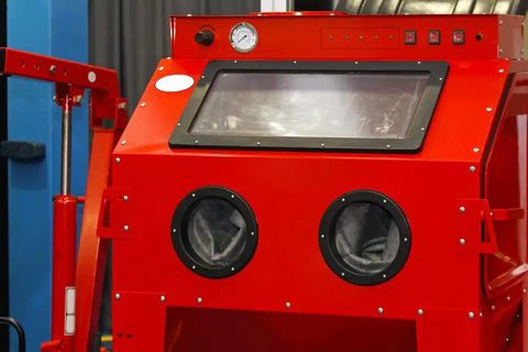 Front view of a red glass bead blasting cabinet for Glass Bead Blasting Media Number 6 50 To 70 Mesh Premium Medium Abrasive