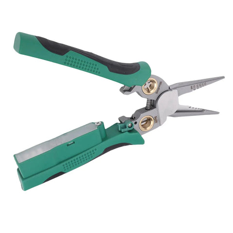 Pro Hardened Wire Strippers And Voltage Tester Electrical Pliers with green handles for precise cable trimming and crimping.