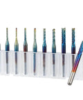Ten rainbow blue-coated CNC router end mills with 1/8in shanks in a clear plastic holder