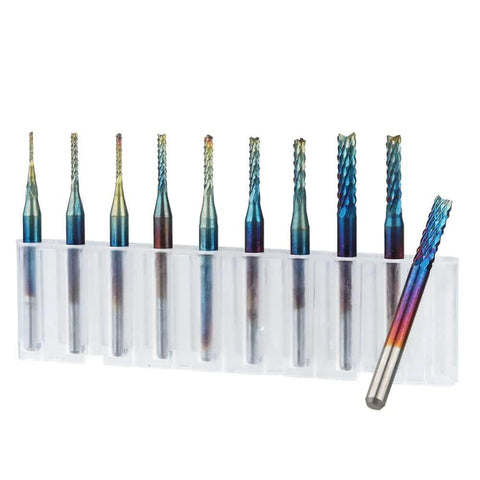 Ten rainbow blue-coated CNC router end mills with 1/8in shanks in a clear plastic holder