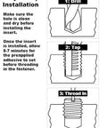 Diagram showing the installation steps for Thread Repair Kit For Metal Carbon Steel Inserts 3/8-16 With Installation Tools.