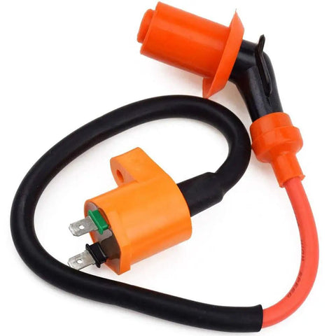 High Performance GY6 Ignition Coil Kit For 50cc 125cc 150cc Scooters ATVs Mopeds Go Karts And Dirt Bikes With 6 Pin CDI And 3 Electrode Spark Plug Fits TaoTao Roketa Buyang Coolspor Honda TRX200 Series Race Ready showing coil and wiring