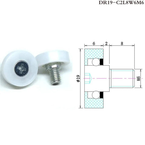 10 Pack 19 Mm OD POM Drawer Track Bolt Roller DR19 C1L8W6M6 Furniture Slide Wheel with diagram and view of bolt
