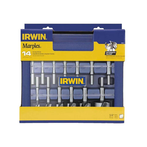 IRWIN Marples Forstner Bit Set, 14-piece carbon steel wood drill bits in blue/yellow packaging with IRWIN logo