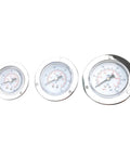 Three industrial pressure gauges for mechanics and maintenance pros with durable dials and clear readouts for equipment monitoring.