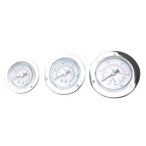 Three industrial pressure gauges for mechanics and maintenance pros with durable dials and clear readouts for equipment monitoring.