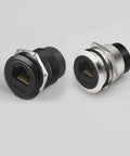 Hella Sleek Cat6 Rj45 Panel Mount Connector With Threaded Bulkhead Coupler in black and silver, designed for Gigabit Ethernet.