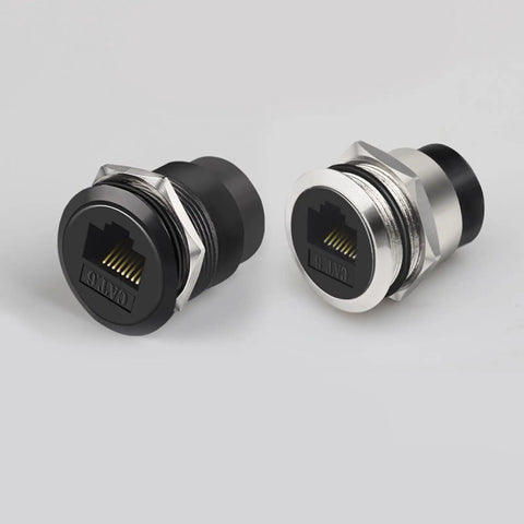 Hella Sleek Cat6 Rj45 Panel Mount Connector With Threaded Bulkhead Coupler in black and silver, designed for Gigabit Ethernet.