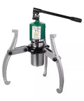 Heavy Duty Three Jaw Hydraulic Bearing Puller Set with green hydraulic pump and silver arms for removing stubborn gears and pulleys.