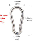 Silver stainless steel spring snap hook with dimensions and max load capacity for 10Pcs M15 Single Pulley Block Set in 304 Stainless Steel.