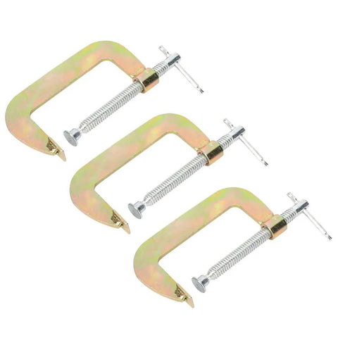 Heavy Duty 3 Piece C Clamp Set Carbon Steel G Handle For Woodworking And Welding Projects with 2, 3, 4 Inch sizes shown.