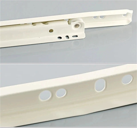 Close-up view of smooth drawer slides and cabinet rails for kitchen, office, and workshop gear, 20 inch double roller sliding tracks.