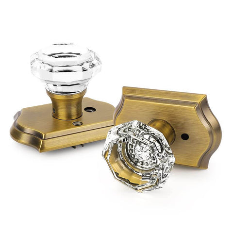 Octagonal Crystal Door Knobs Set Five Pack With Privacy Lock For Bedroom And Bathroom, Antique Bronze Rosette Finish