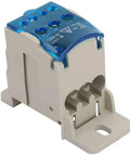 Rock Solid 80 Amp Din Rail Terminal Block Distribution Box With Fire Safe Housing For Heavy Duty Universal Wiring Hookups And Straightforward Power Drop, compact design with blue cover.