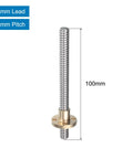 TR8x2 Lead Screws Set Of 2, 100mm Stainless Steel With T8 Brass Nut shown from side view, 2mm pitch, 2mm lead for CNC and 3D printer Z-axis.