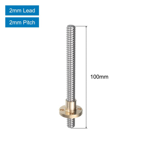 TR8x2 Lead Screws Set Of 2, 100mm Stainless Steel With T8 Brass Nut shown from side view, 2mm pitch, 2mm lead for CNC and 3D printer Z-axis.