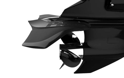 Close-up of Classic PRO Hydrofoil Kit for 40-300 HP Boats Black Outboard Stabilizer Fins on outboard motor