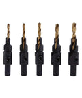 Premium HSS Coated Chamfer Drill Bit Set Packed With Five Countersink Assortments with quarter inch round shank.