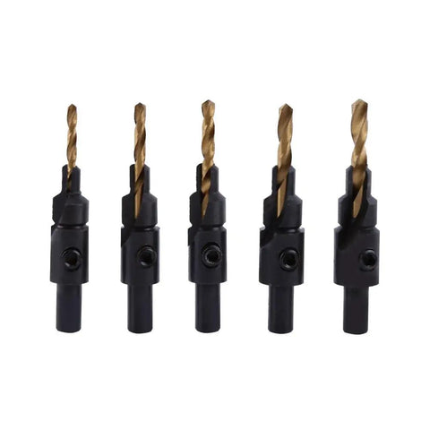 Premium HSS Coated Chamfer Drill Bit Set Packed With Five Countersink Assortments with quarter inch round shank.