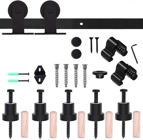 6-Foot Sliding Barn Door Hardware Kit For Single Wood Door Heavy-Duty T-Shaped Black Track System components