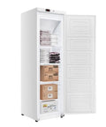 No Hassle Commercial Upright Freezer With Automated Defrost And Sleek Digital Panel For Restaurants Includes Adjustable Racks Key Lock And 12 Cu Ft Of Hella Efficient Freezing Space In Clean White For Daily Stocking And Fast Sanitizing, showing interior full of sorted boxes and racks.