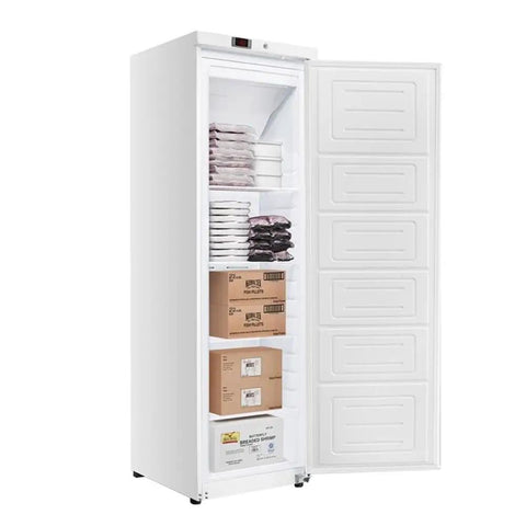 No Hassle Commercial Upright Freezer With Automated Defrost And Sleek Digital Panel For Restaurants Includes Adjustable Racks Key Lock And 12 Cu Ft Of Hella Efficient Freezing Space In Clean White For Daily Stocking And Fast Sanitizing, showing interior full of sorted boxes and racks.