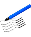 Pro Grade Deburring Tool Set With 10 High Speed Steel Replaceable Blades And A Blue Matte Aluminum Handle For Deburring Edges On Metal Aluminum Copper Resin PVC Tube Wood And 3D Printing Bevel Chamfer Reamer Kit, showing a blue handle and 10 blades