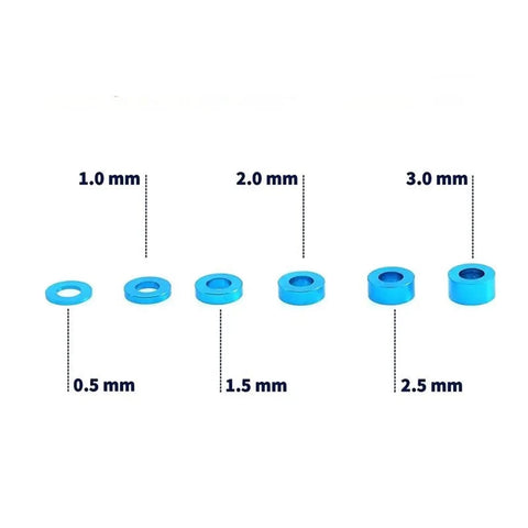 Badass Premium Steel Screw Spacer Kit For Tamiya TT01 TT02 XV01 XV02 10th Scale RC Car Parts Up Your Gear Game With Solid M3 Fasteners Washers That Hold Tight For Assembly Without Stripping While You Go Crazy Shredding The Tracks All Day Long. Blue M3 steel spacers and washers, 0.5-3.0 mm