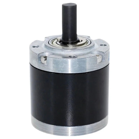 Planetary gearbox reducer for DC motor, 42mm, silver top housing with black cylindrical body, front view