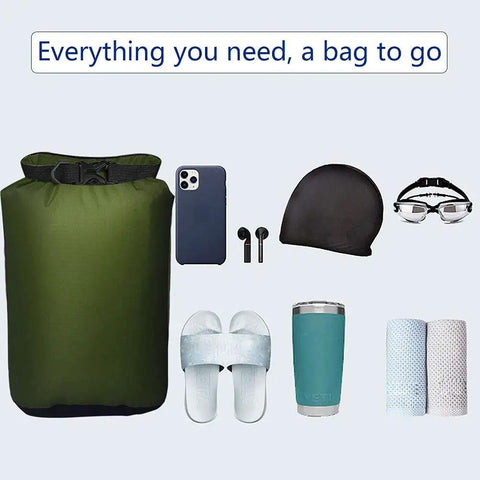 Ultimate Five Pack Waterproof Dry Sack Set in green with outdoor gear like phone, earbuds, cap, goggles, mug, and towels.