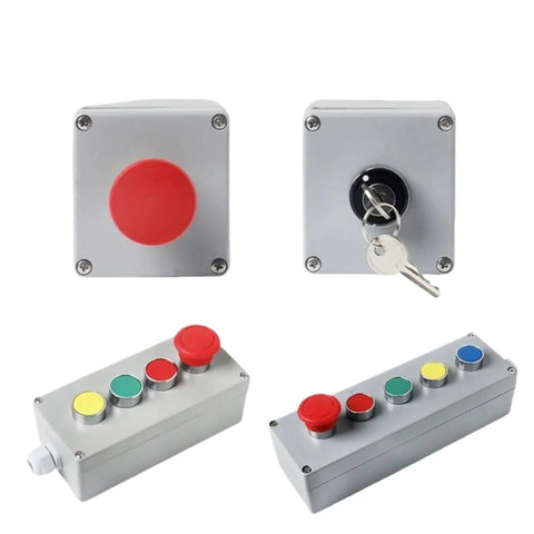 Cast aluminum push-button control box set: two square enclosures, red emergency stop, key lock, two color button panels.