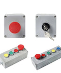 INFRI cast-aluminum push-button control box with red emergency-stop, four colored buttons, and key lock.
