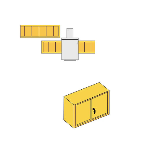 Top Notch Push Plunger Lock For Cabinets And Desk Drawers Keyed Alike Design Two Piece Set shown with yellow cabinet illustration.