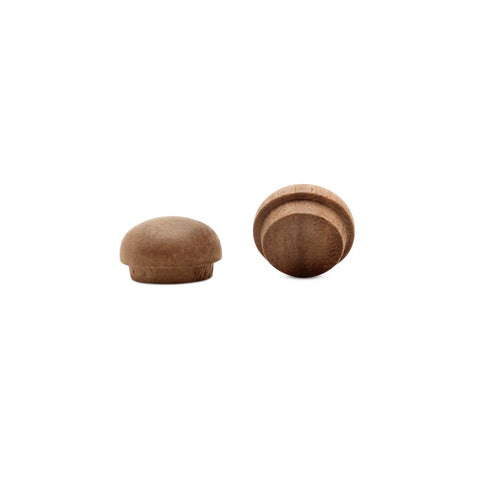 One Half Inch Button Top Walnut Wood Furniture Plugs For Screw Holes Pack Of Twenty Five, shown front and back view.