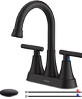 Hurran matte black 4-inch bathroom faucet set, front view, dual handles with pop-up drain and supply hoses