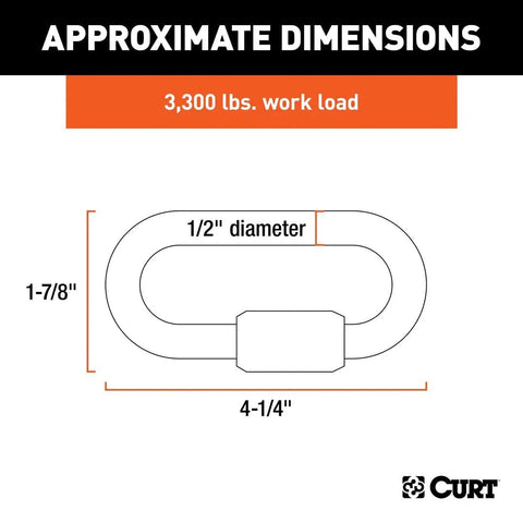Diagram of CURT 1/2 inch Threaded Quick Link dimensions, 4-1/4 inch length, 1-7/8 inch height, 3,300 lbs work load