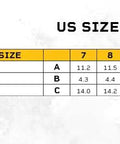 US size chart for Badass Black Men's Waterproof PVC Work Boots With A Cozy Over The Sock Fit, showing lengths, widths, and heights.