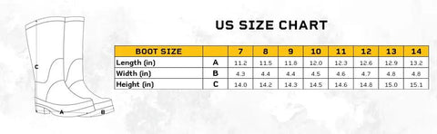 US size chart for Badass Black Men's Waterproof PVC Work Boots With A Cozy Over The Sock Fit, showing lengths, widths, and heights.