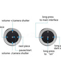 Diagram of Wireless Bluetooth Car Media Button With Steering Wheel Remote Easy Music Play Pause Skip Volume Control Works With iOS And Android Car Kit Receiver CR2032 Battery Included showing button functions.