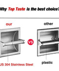 Comparison of recessed toilet paper holder in brushed nickel wall mount made of stainless steel vs plastic version