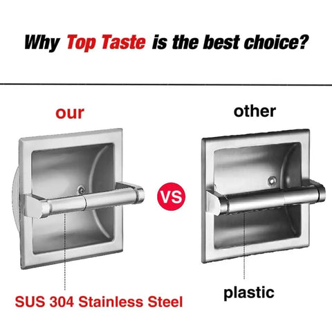Comparison of recessed toilet paper holder in brushed nickel wall mount made of stainless steel vs plastic version