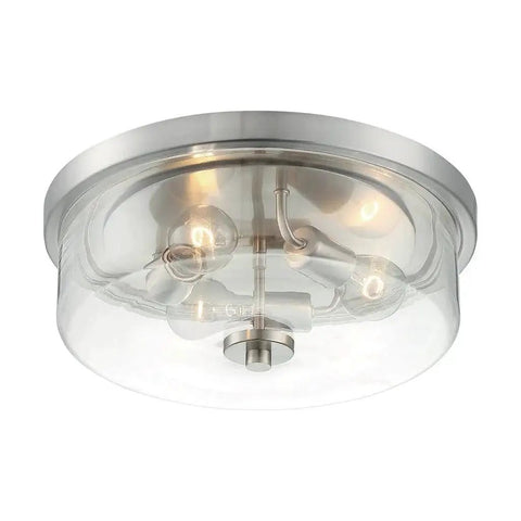 Sommerset 3 Light Flush Mount Fixture with Clear Glass Shade in Brushed Nickel Finish, modern ceiling lighting for damp locations.